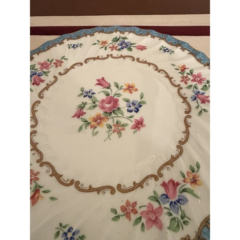 Crown Staffordshire Fine Bone China Plate Floral Bouquet and Turquoise Border.